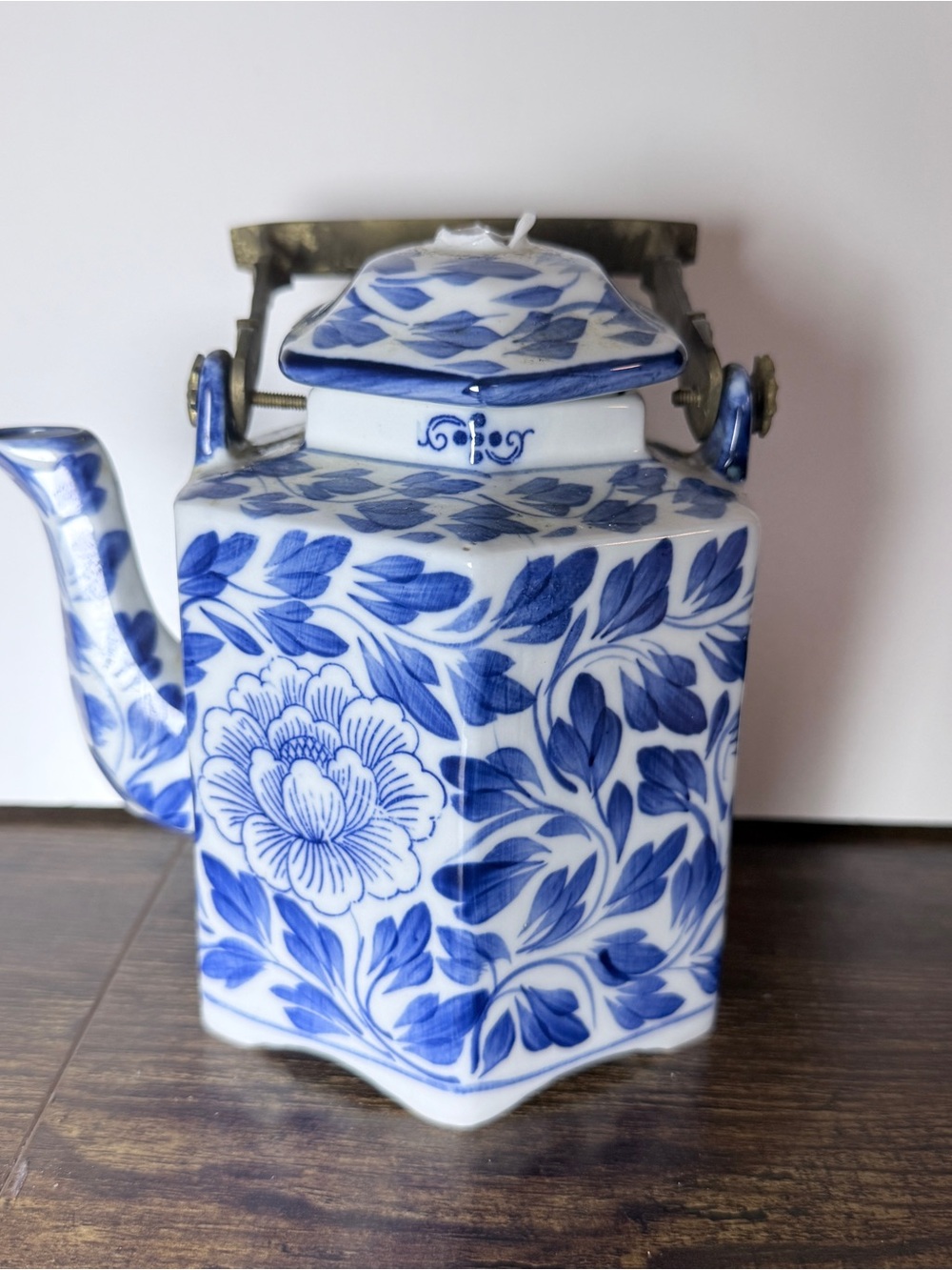 Antique Chinese Export Blue & White Teapot, Pewter Handle